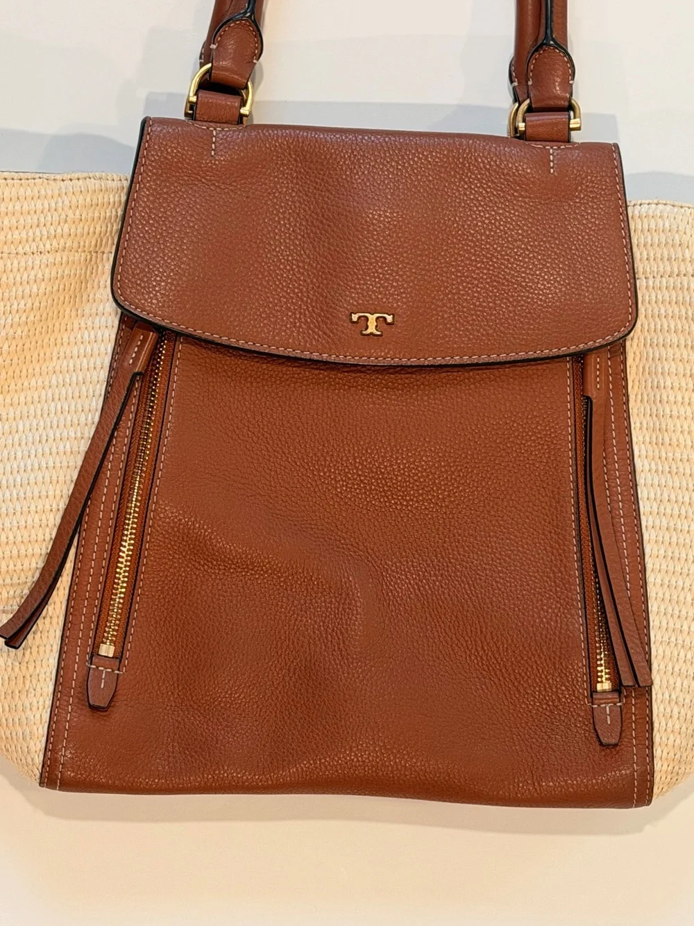 Tory Burch Half-Moon Straw & Leather Coastal Satchel Tote Bag - Tan/Cream
